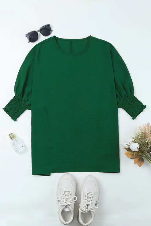 Green ruffle short sleeve shirt, crew neck, by Tela Designs Store
