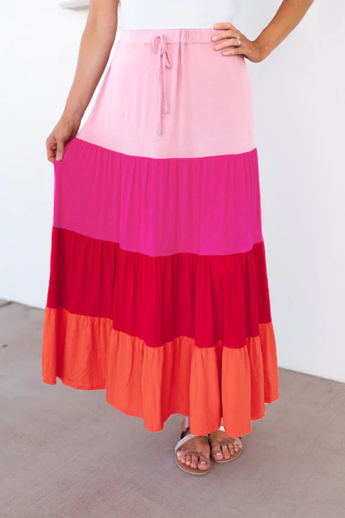 Unapologetic Pink Color Block Tiered Drawstring Midi Skirt by Tela Designs Store