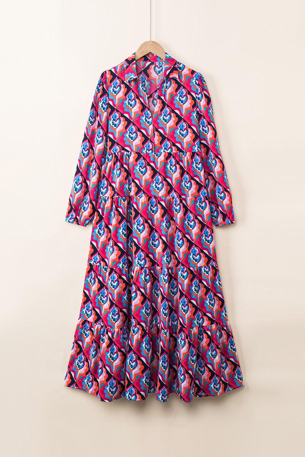 Modest Geometric Print Midi Dress – Long Sleeve, High Waist, Lightweight