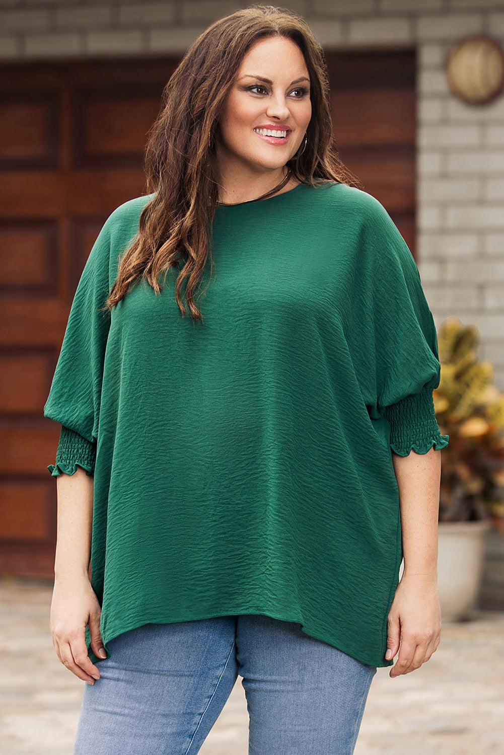 Modest Green Smocked Wrist Shift Top