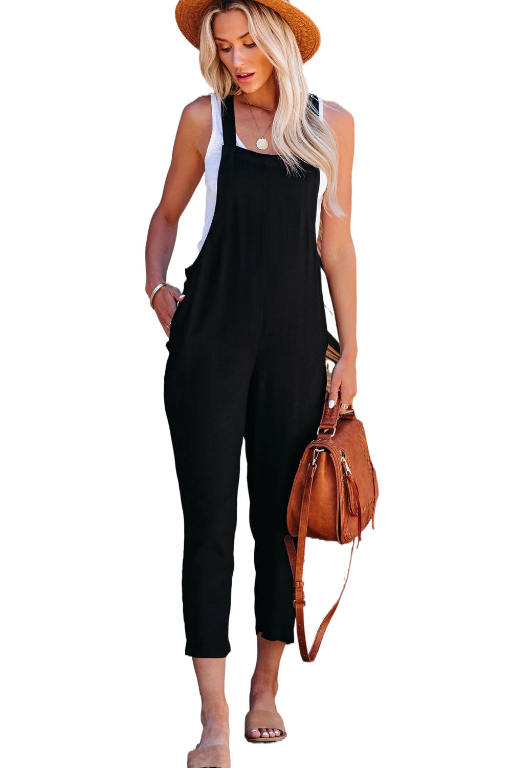 Modern Black Adjustable Buckle Straps Cropped Jumpsuit