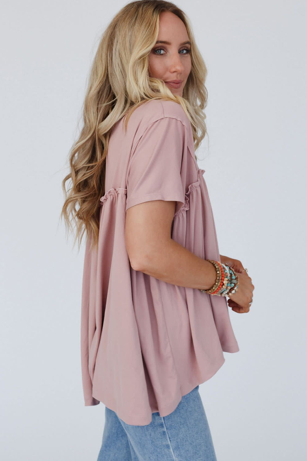 Elegant Modest Light Pink Ruffled Babydoll Tee - Unapologetic Comfort
