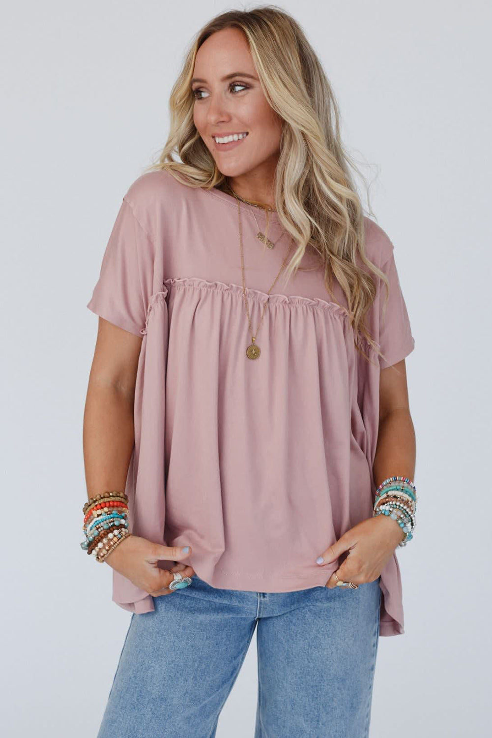 Elegant Modest Light Pink Ruffled Babydoll Tee - Unapologetic Comfort