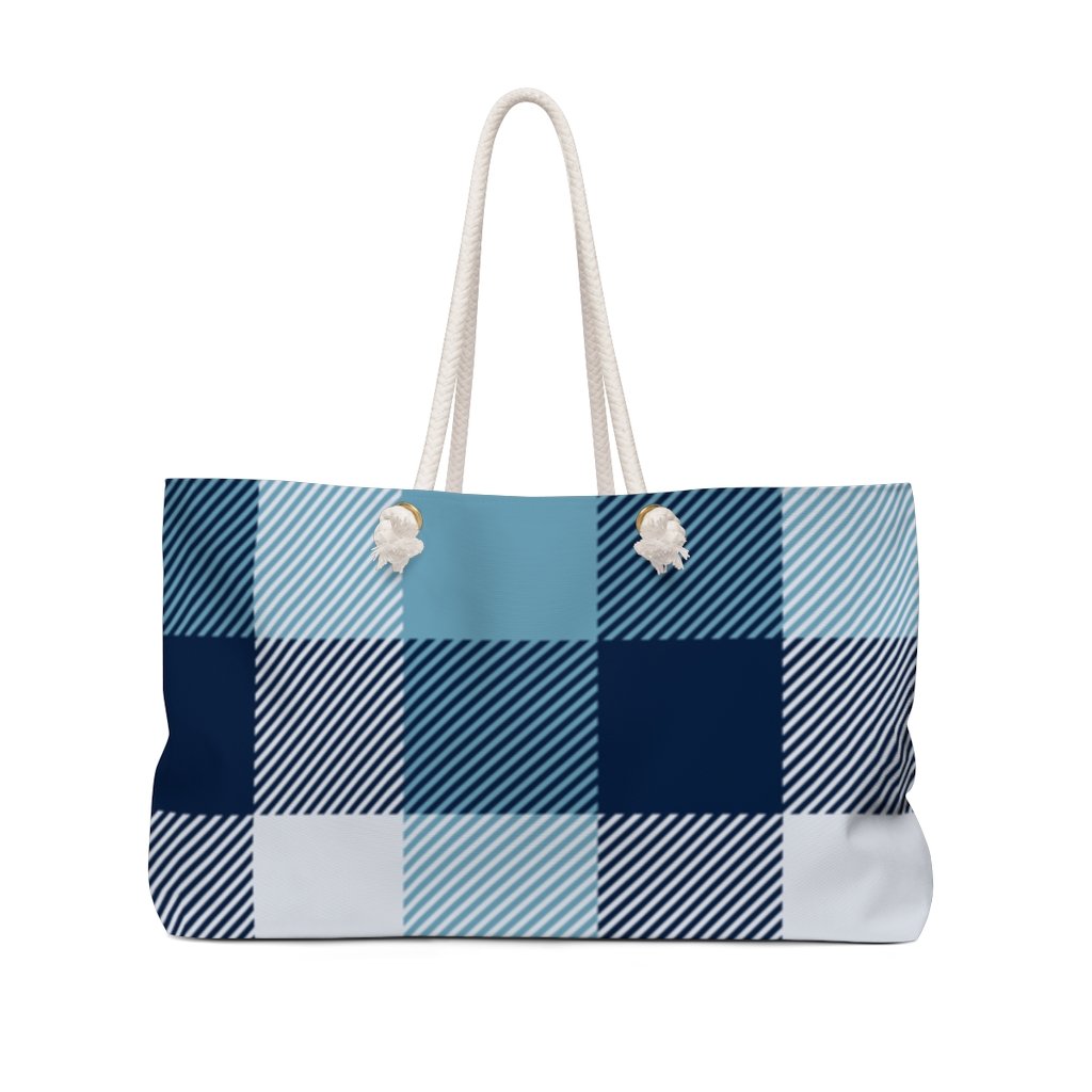 Blue and white plaid weekender tote bag with thick rope handles, styled for beach days, casual errands, and travel — at Tela Designs Store.