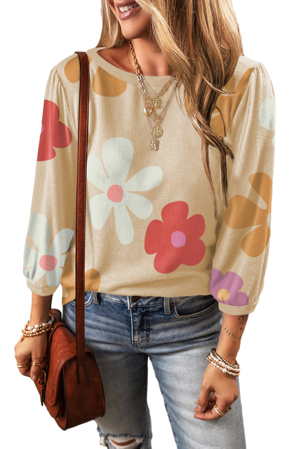Unapologetic Apricot Cute Flower Print Bracelet Sleeve Top