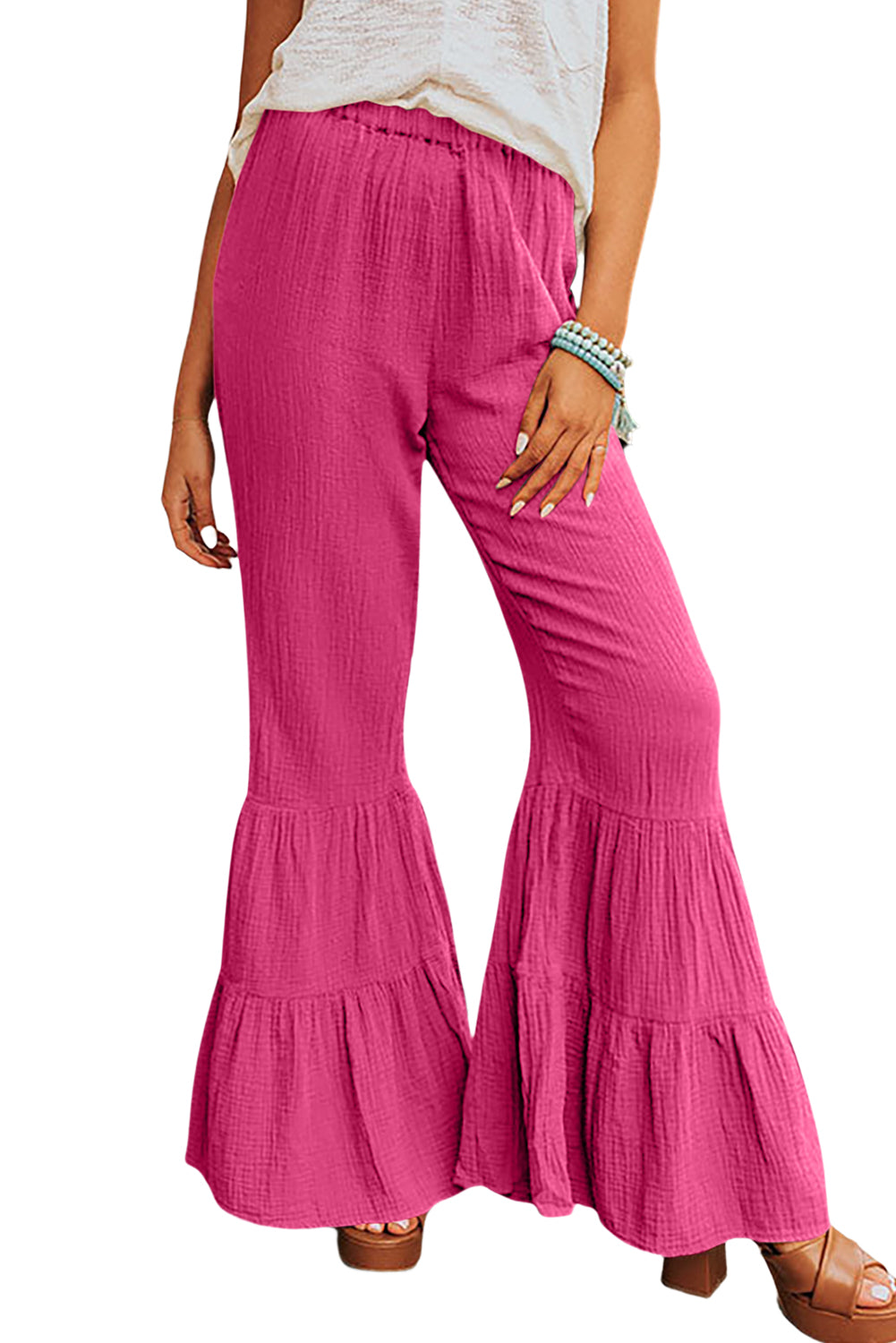 Modern High Waist Ruffled Rose Bell Bottom Pants