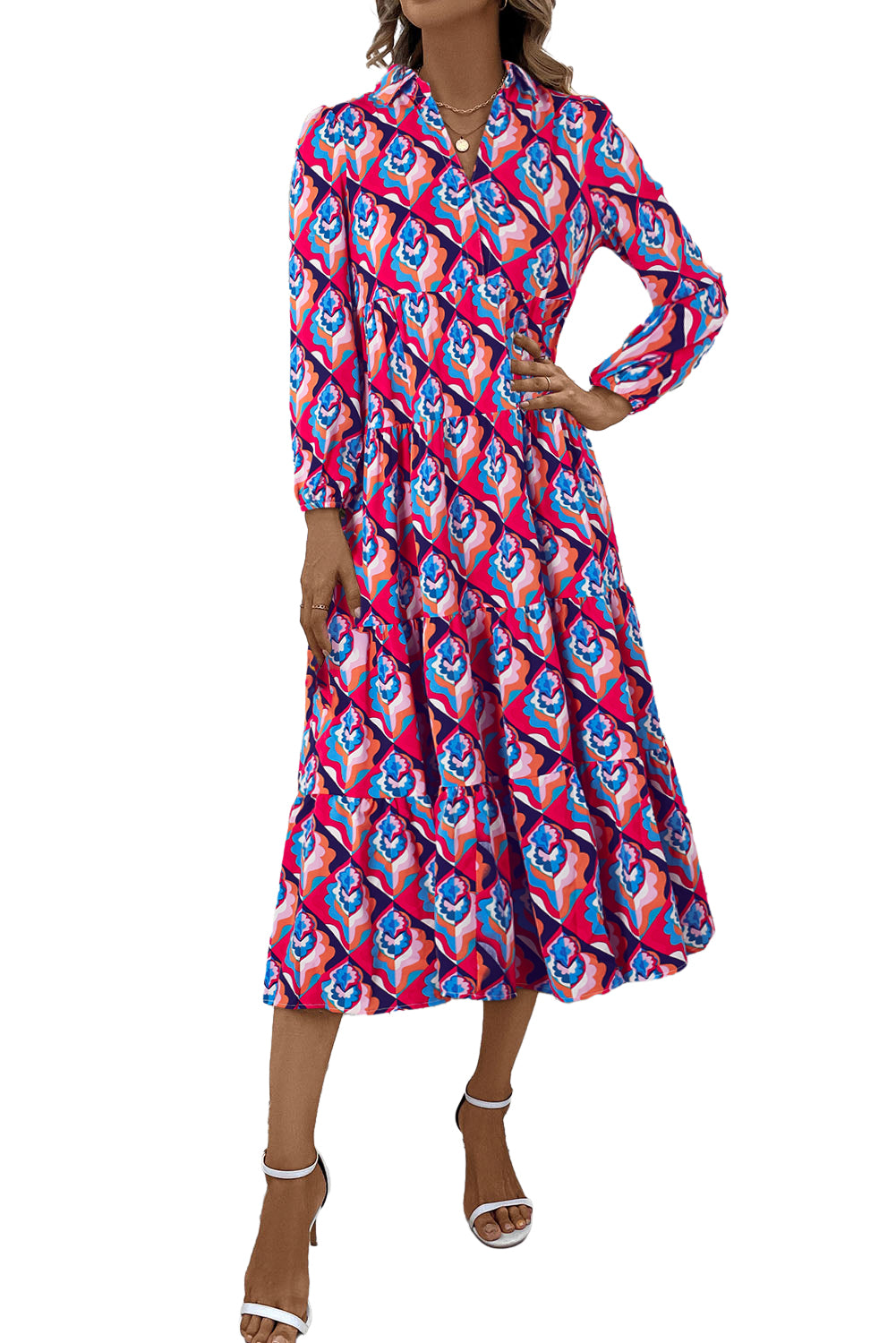 Modest Geometric Print Midi Dress – Long Sleeve, High Waist, Lightweight