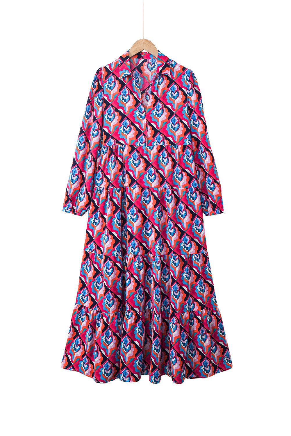 Modest Geometric Print Midi Dress – Long Sleeve, High Waist, Lightweight