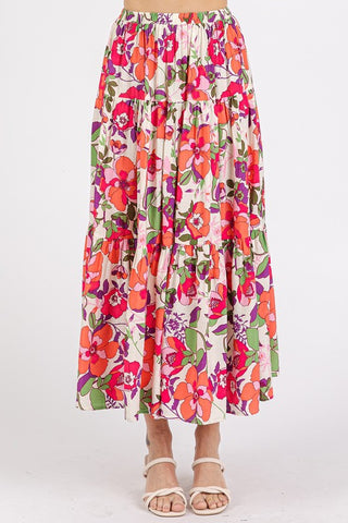 Blooming Serenity: Tiered Floral Maxi Skirt – Renewed Blossoms Edition