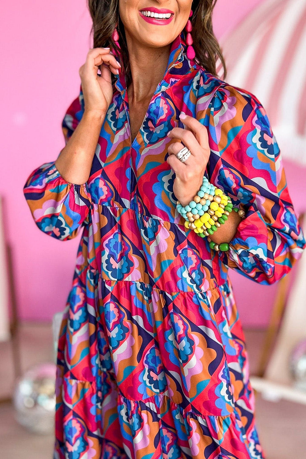 Modest Geometric Print Midi Dress – Long Sleeve, High Waist, Lightweight