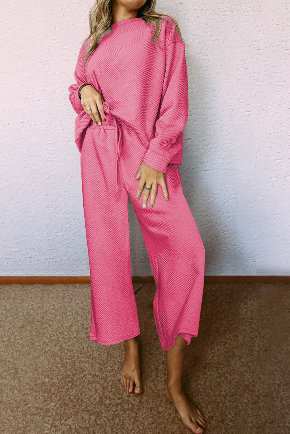 Modern Strawberry Pink Ultra Loose Textured 2-Piece Slouchy Outfit