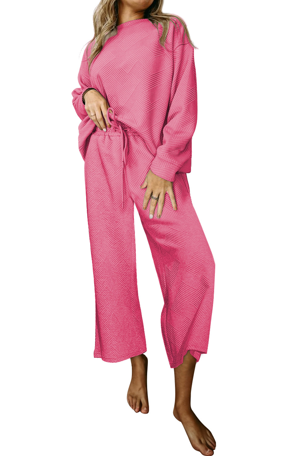 Modern Strawberry Pink Ultra Loose Textured 2-Piece Slouchy Outfit