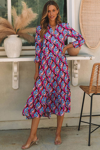 Modest Geometric Print Midi Dress – Long Sleeve, High Waist, Lightweight