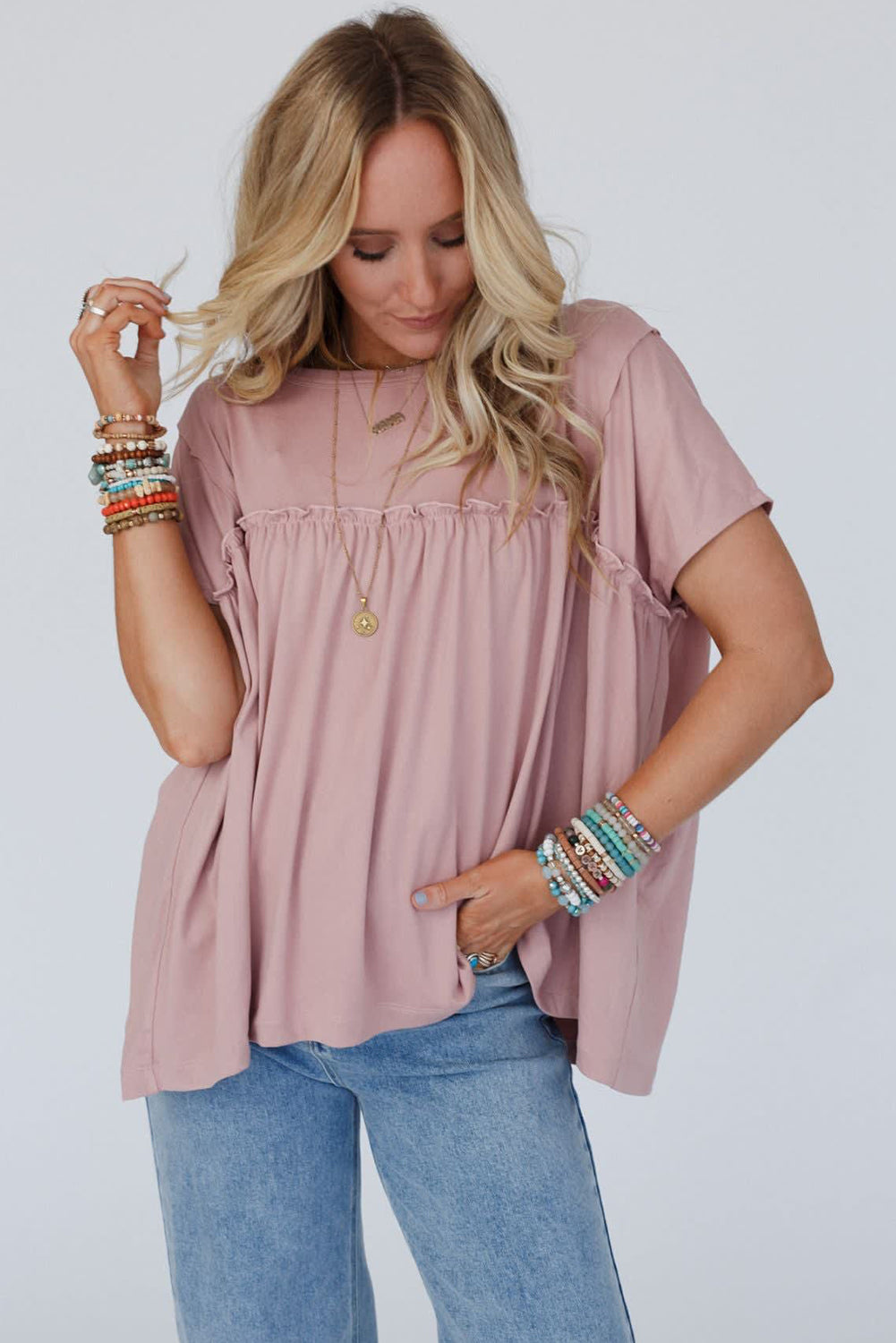 Elegant Modest Light Pink Ruffled Babydoll Tee - Unapologetic Comfort
