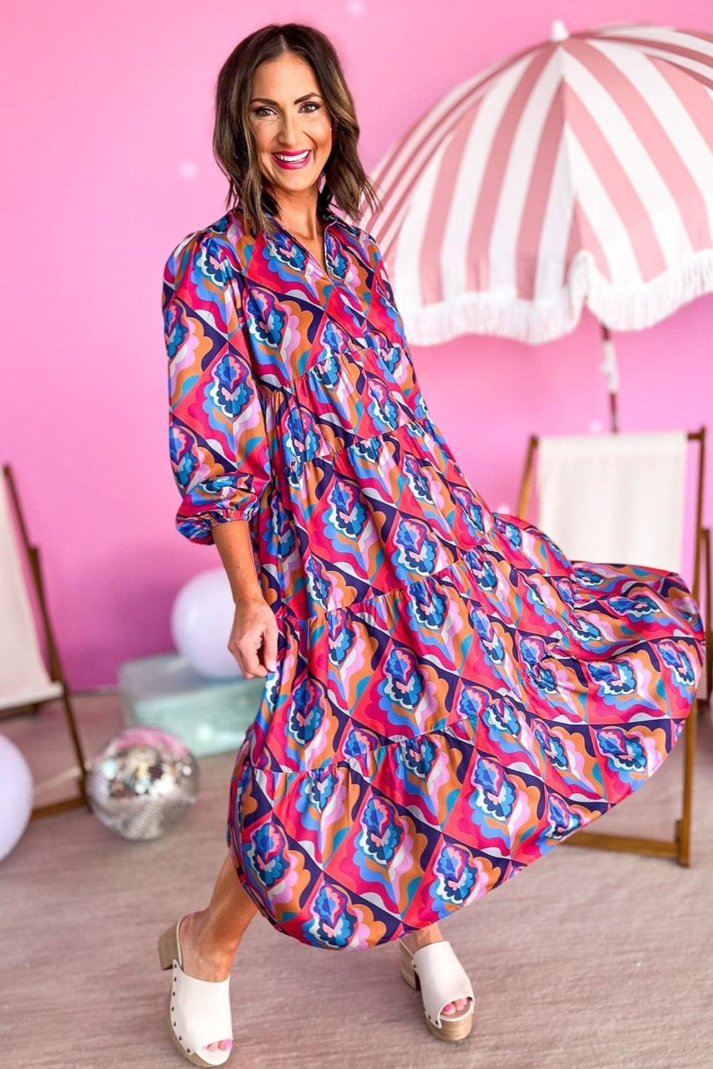 Modest Geometric Print Midi Dress – Long Sleeve, High Waist, Lightweight