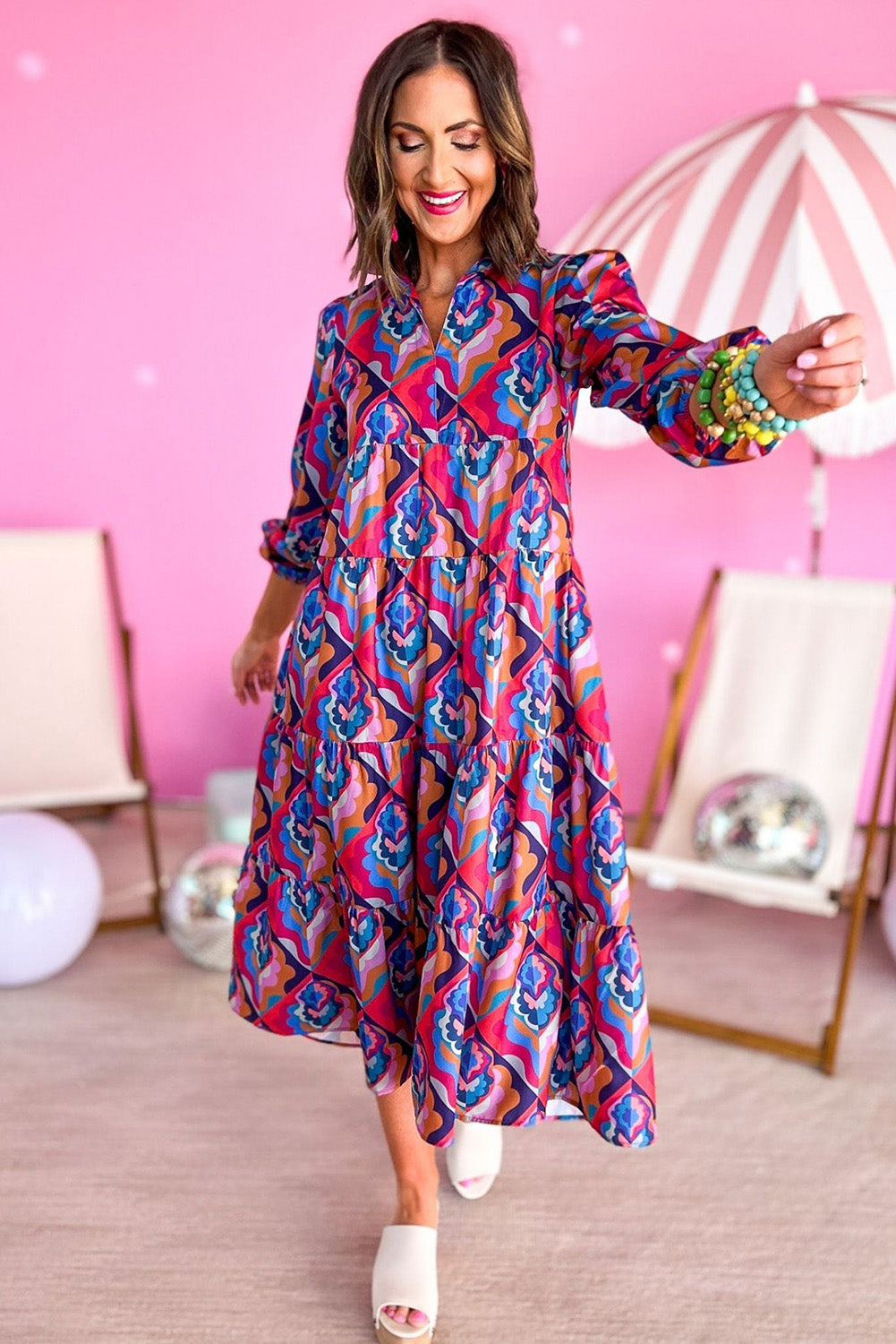 Modest Geometric Print Midi Dress – Long Sleeve, High Waist, Lightweight