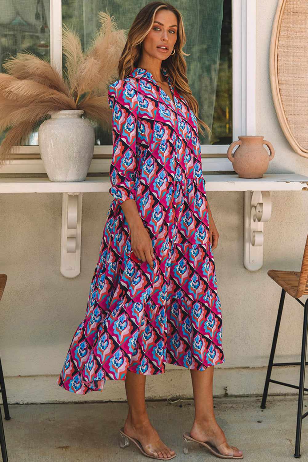 Modest Geometric Print Midi Dress – Long Sleeve, High Waist, Lightweight