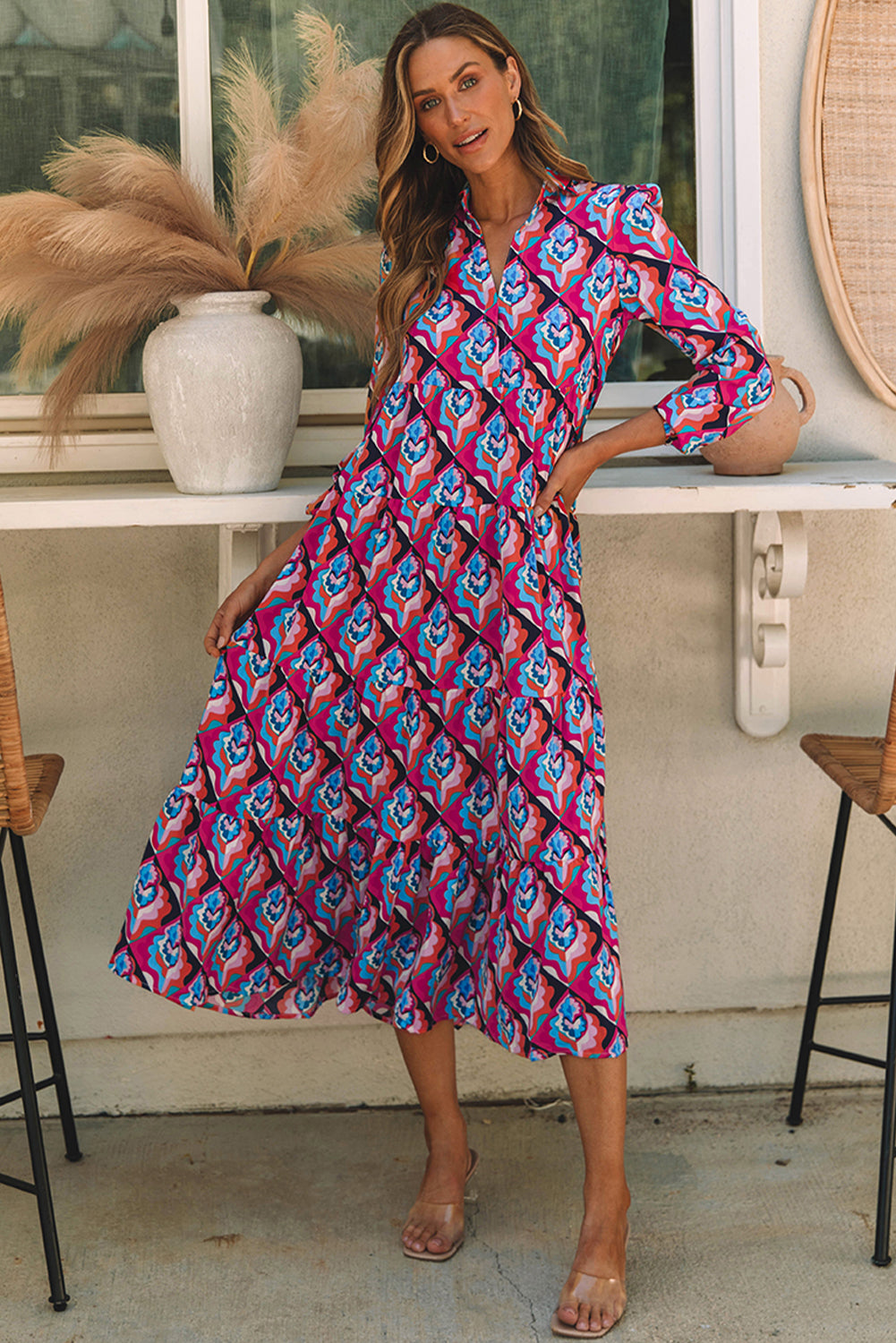 Modest Geometric Print Midi Dress – Long Sleeve, High Waist, Lightweight
