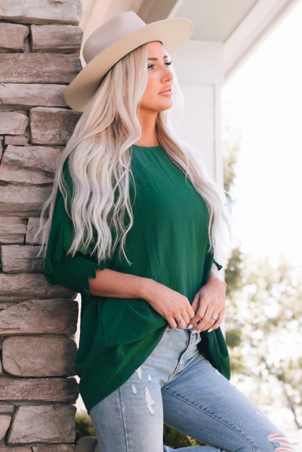Modest Green Smocked Wrist Shift Top