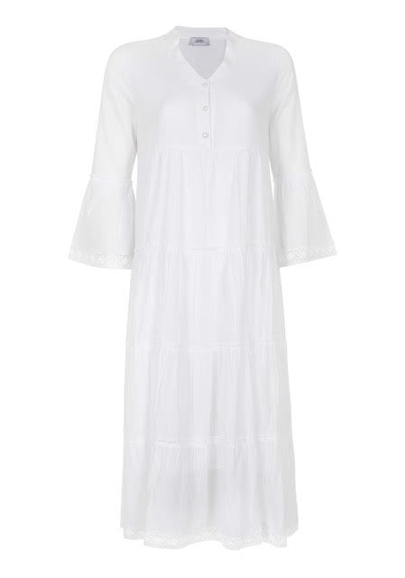 Front flat-lay of white cotton peasant maxi dress with lace sleeves highlighting the modest v-neck detail and lightweight fabric at Tela Designs Store.