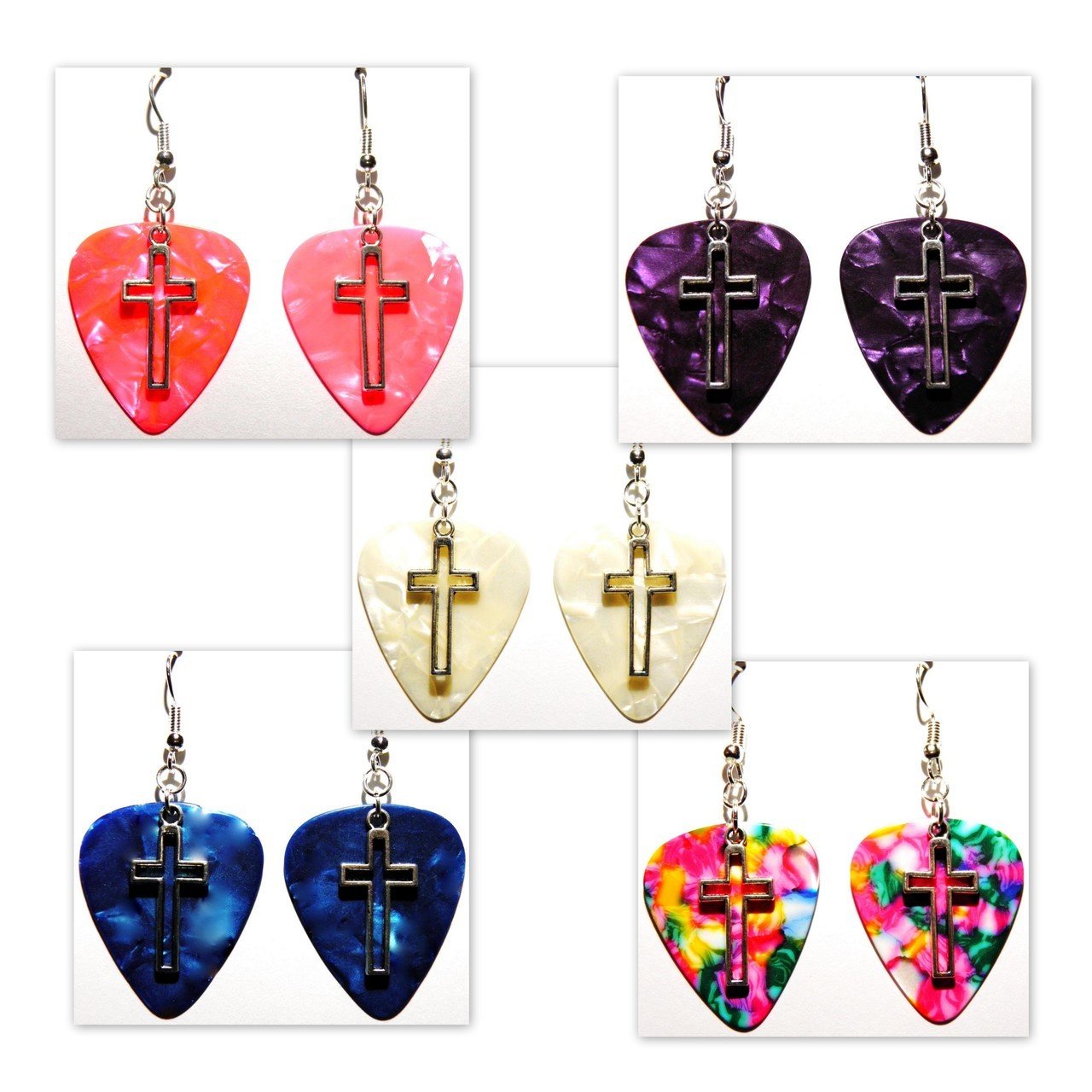 Handmade guitar pick earrings with open cross design, in bold colors and sterling silver or nickel-free hooks.