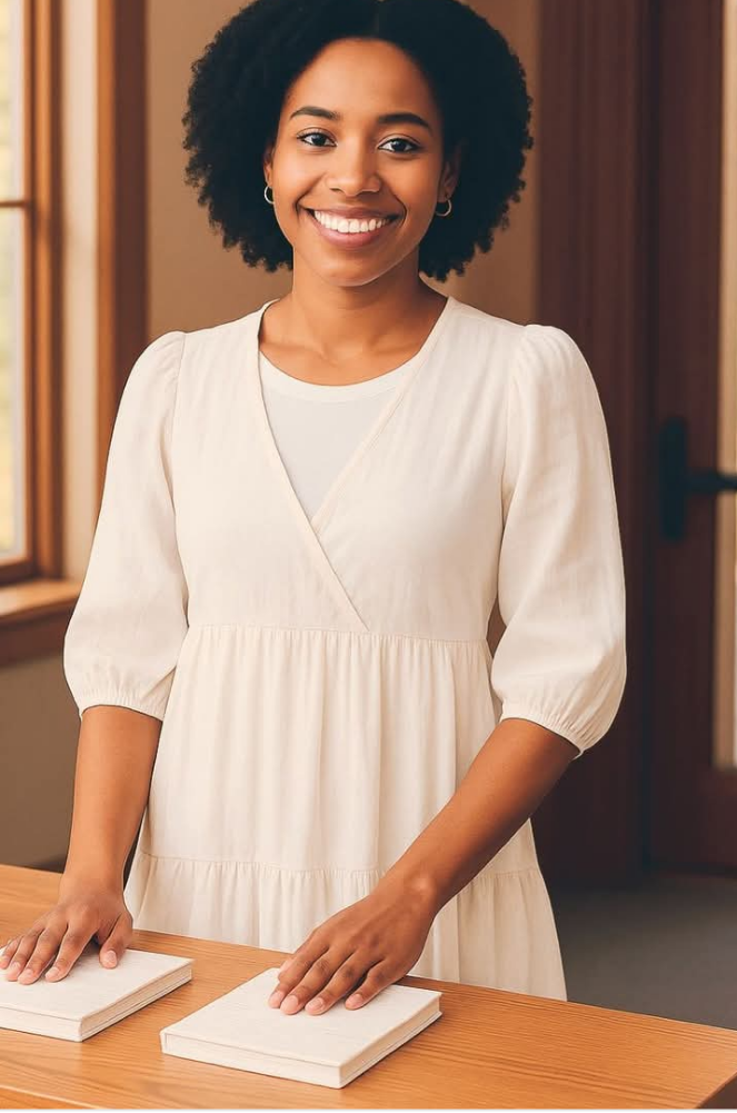 Black woman with natural fro smiling in front of an inside church room of wood wearing the BOHO White Maxi Dress with her hands visible on two books on a desk.