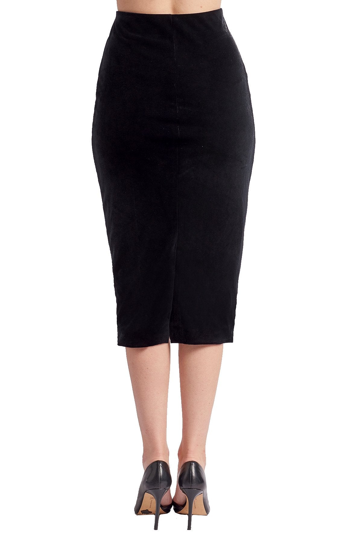 Tia Skirt – Stretch Velvet Pencil Skirt (Black Modest Midi)