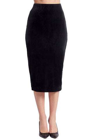 Tia Skirt – Stretch Velvet Pencil Skirt (Black Modest Midi)