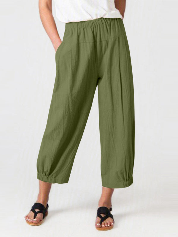 High waist sage green wide-leg cotton-linen pants, styled with sandals for breathable modest wear at Tela Designs Store.