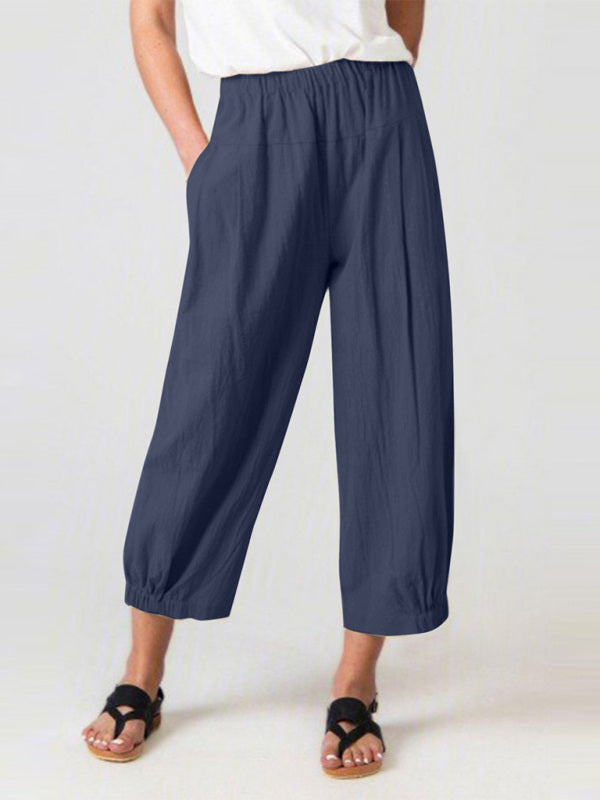 Slate blue cotton-linen wide leg harem pants with elastic waist, ideal for Christian minimalist capsule wardrobes at Tela Designs Store.