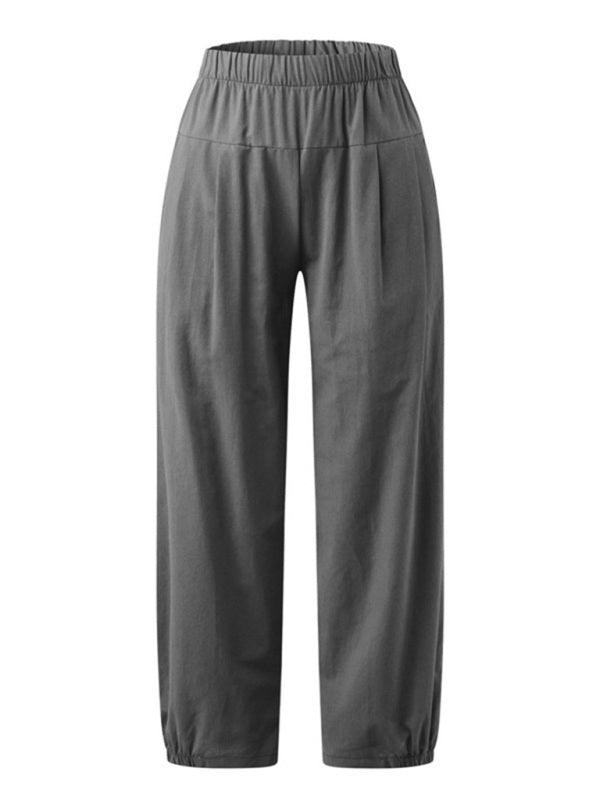 Front view showing relaxed-fit grey cotton-linen pants with high waist and cropped wide-leg design at Tela Designs Store.