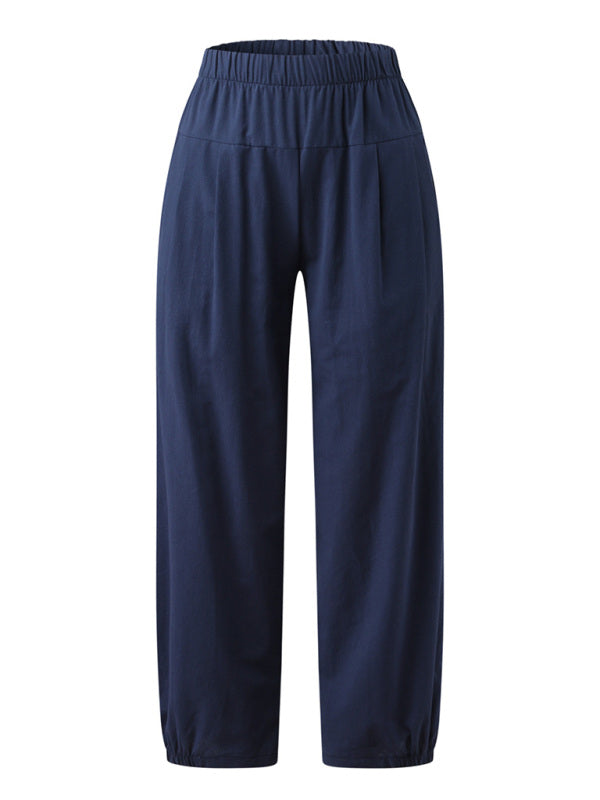 Relaxed-fit, high-waisted navy blue cropped cotton-linen pants styled for modest summer fashion at Tela Designs Store.