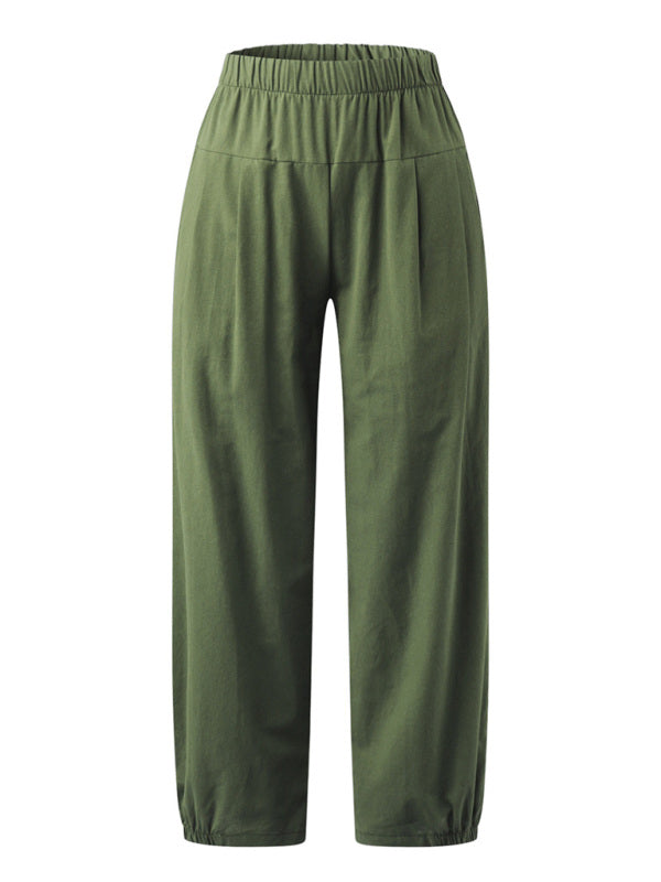 Front view of sage green cotton linen cropped pants with functional pockets at Tela Designs Store.