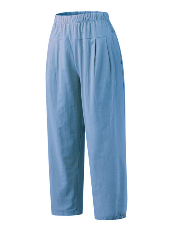 Front view of soft blue wide leg cotton-linen pants showing high waist elastic band and modest drape—unapologetic, breathable style at Tela Designs Store.