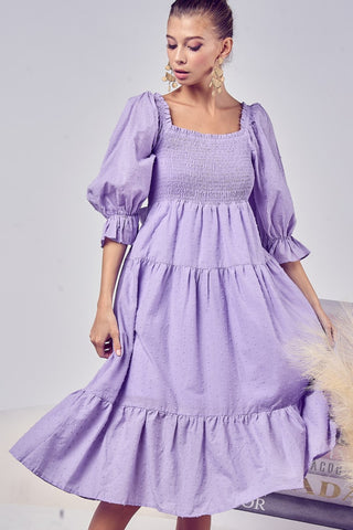 Unapologetic Swiss Dot Smocked Tiered Midi Dress