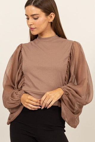 Ethereal Grace: Ruched Sheer Sleeve Mock Neck Blouse