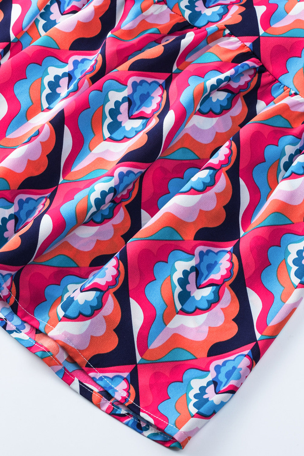 Modest Geometric Print Midi Dress – Long Sleeve, High Waist, Lightweight