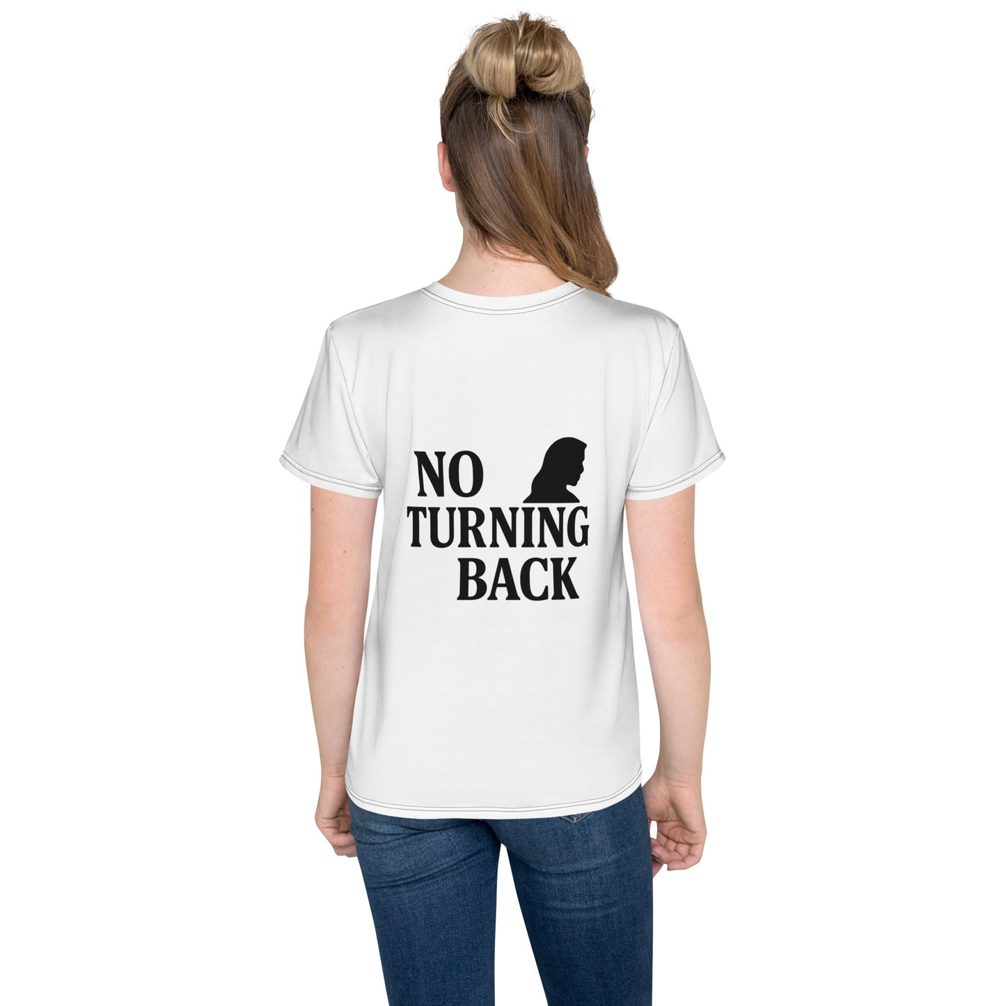 Back view of girl wearing white youth Christian t-shirt “I Have Decided to Follow Jesus” with "No Turning Back" message shown, perfect for baptism gifts, Sunday, or casual wear.