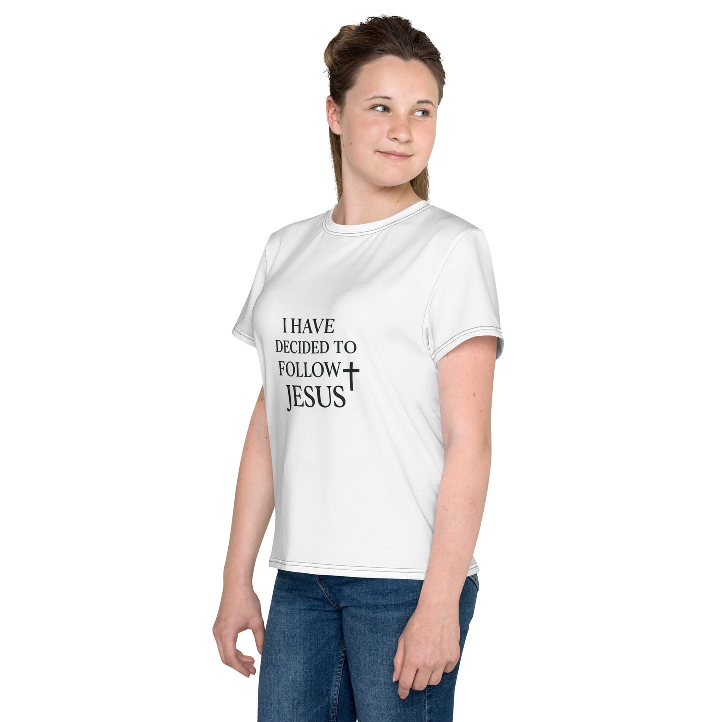 Christian youth unisex tee for boys and girls — “I Have Decided to Follow Jesus” white shirt