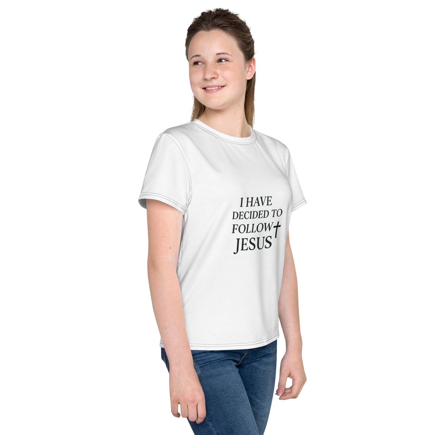 Smiling preteen girl in a faith-inspired “I Have Decided to Follow Jesus” tee, Christian youth apparel