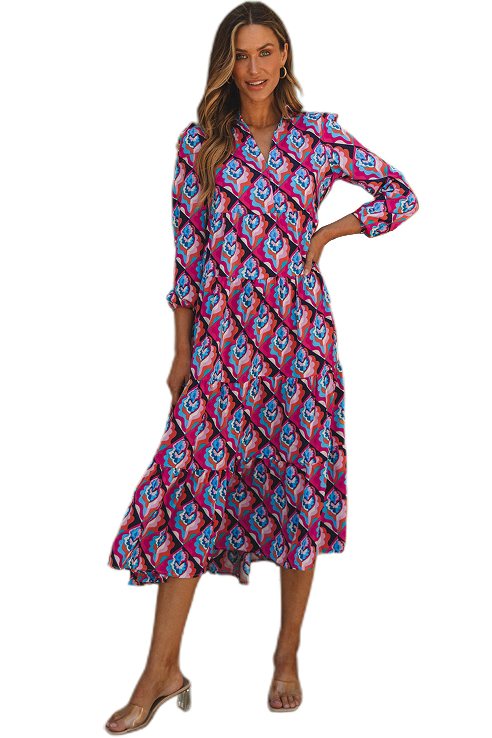 Modest Geometric Print Midi Dress – Long Sleeve, High Waist, Lightweight