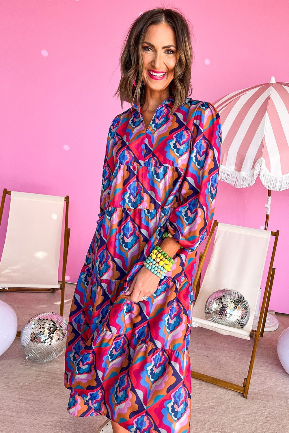 Modest Geometric Print Midi Dress – Long Sleeve, High Waist, Lightweight