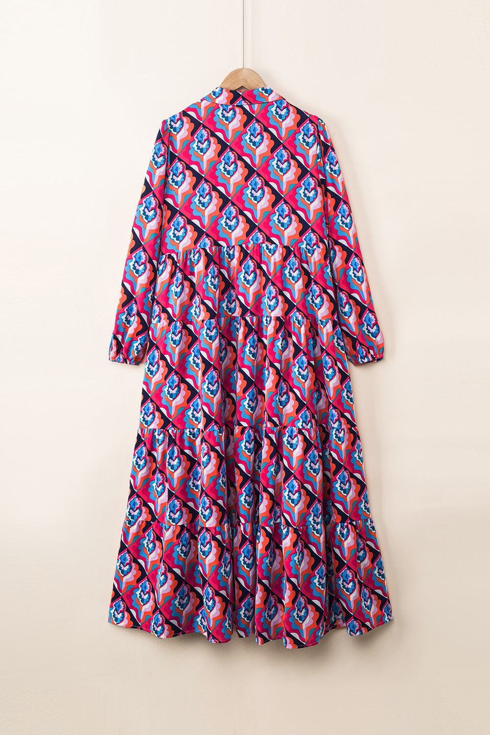 Modest Geometric Print Midi Dress – Long Sleeve, High Waist, Lightweight