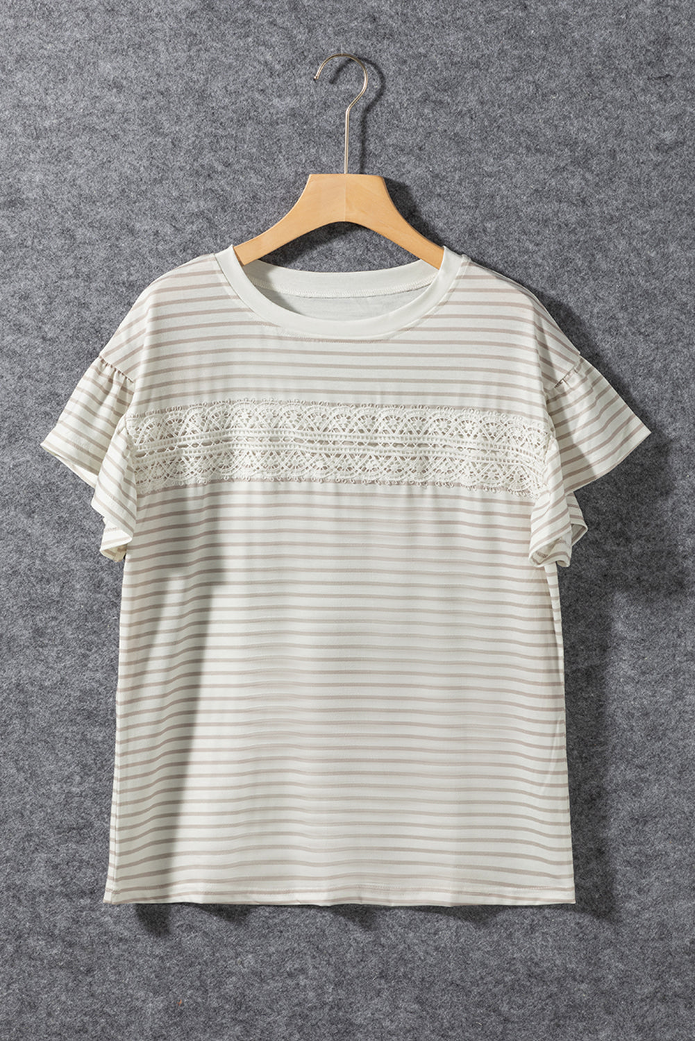 Unapologetic Apricot Striped Lace Splicing Ruffle Sleeve T-shirt