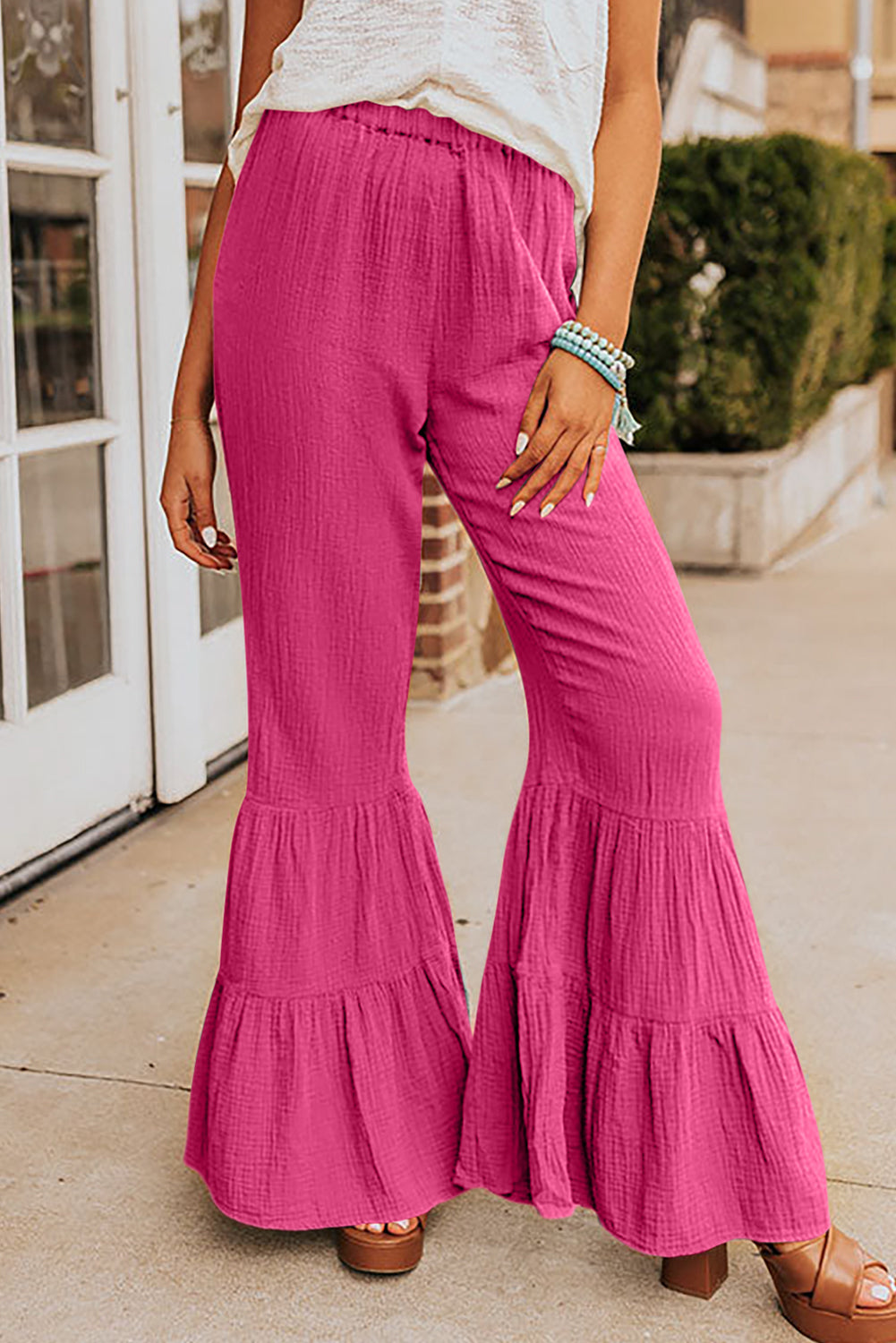 Modern High Waist Ruffled Rose Bell Bottom Pants