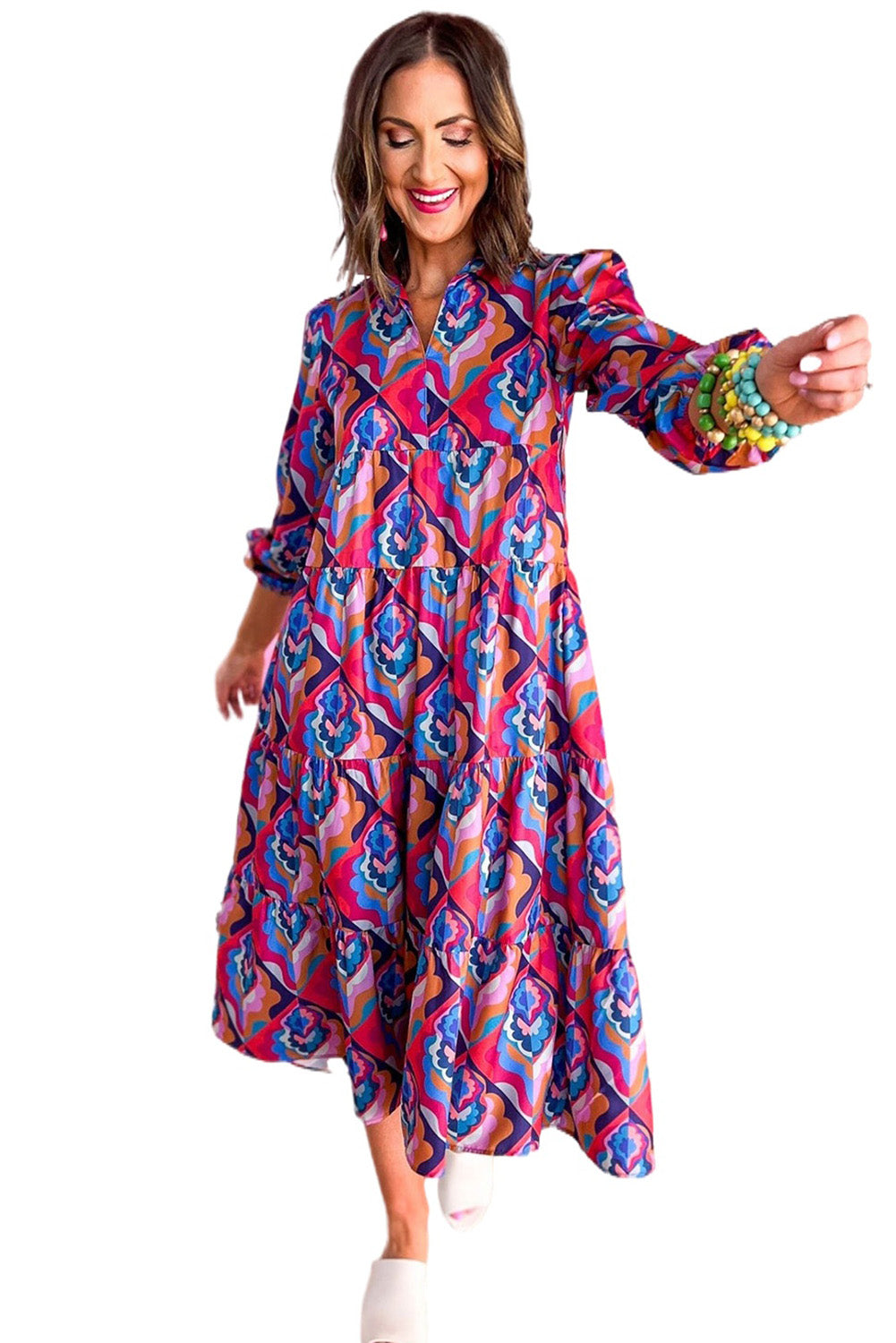 Modest Geometric Print Midi Dress – Long Sleeve, High Waist, Lightweight