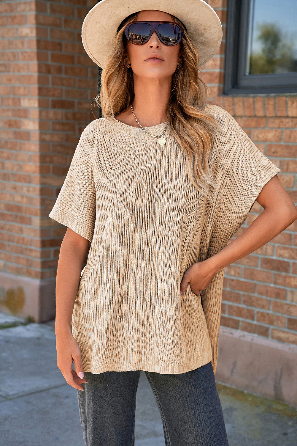 Modern Apricot Side-Slit Tunic Sweater