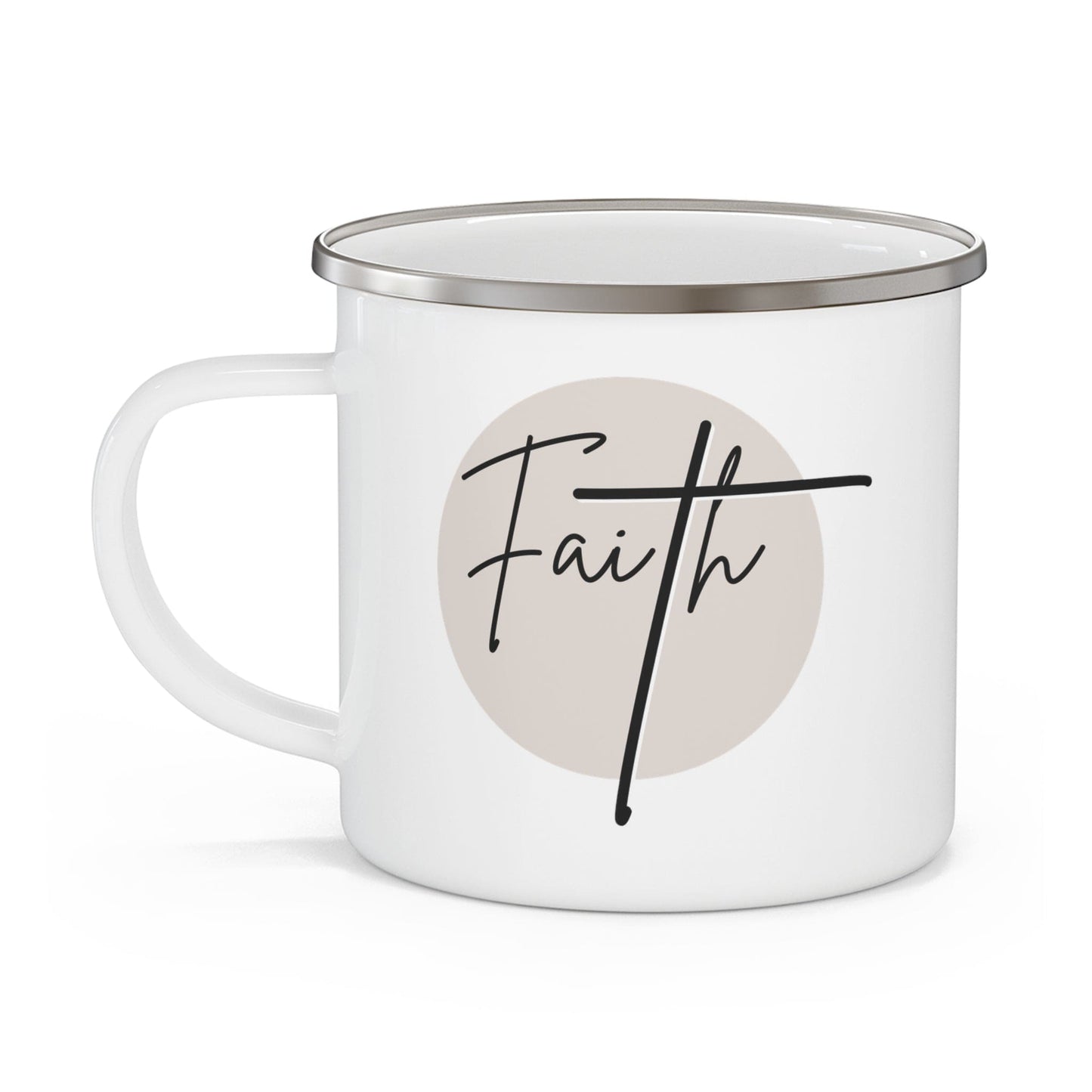 Enamel Camping Mug, Faith - Christian Affirmation - Black and Beige