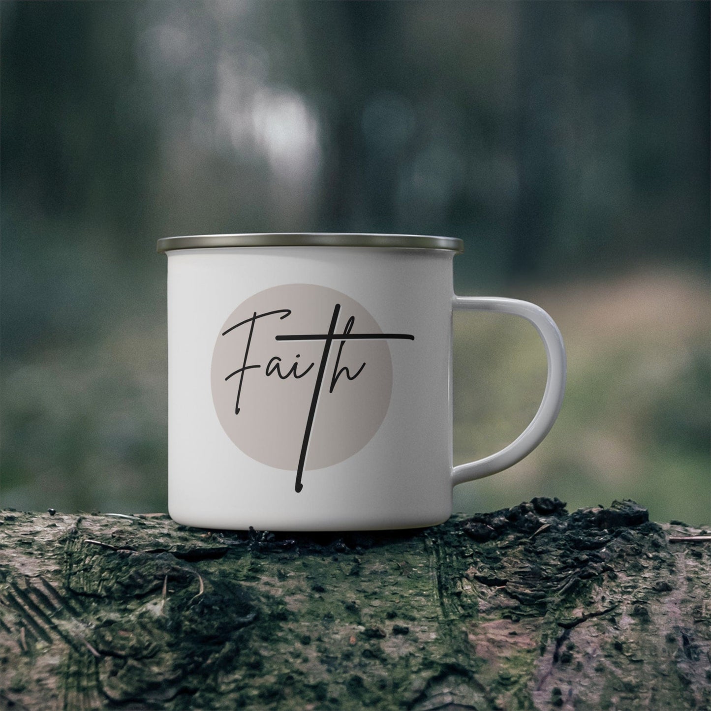 Enamel Camping Mug, Faith - Christian Affirmation - Black and Beige