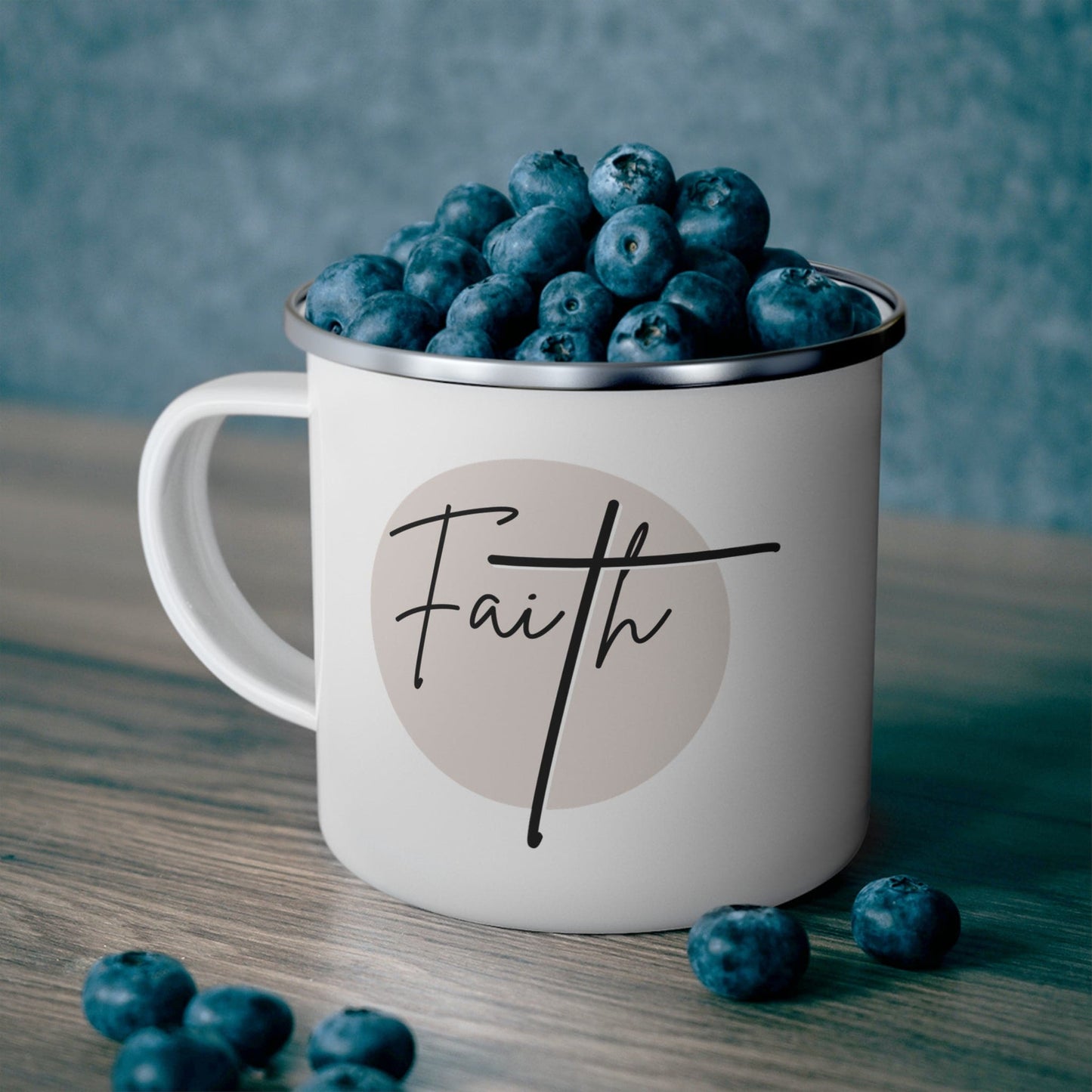 Enamel Camping Mug, Faith - Christian Affirmation - Black and Beige